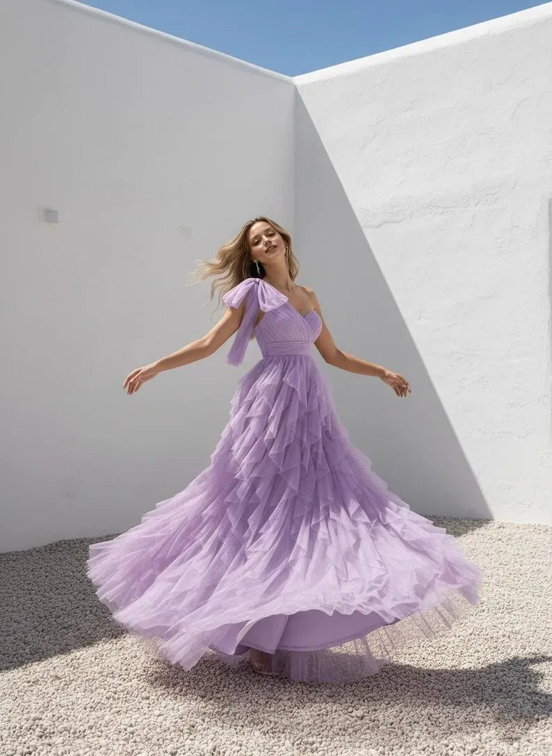 Charming Beige A-Line One-Shoulder Sleeveless Back Zip Ruffled Tulle Slit Floor-Length Prom Dress
