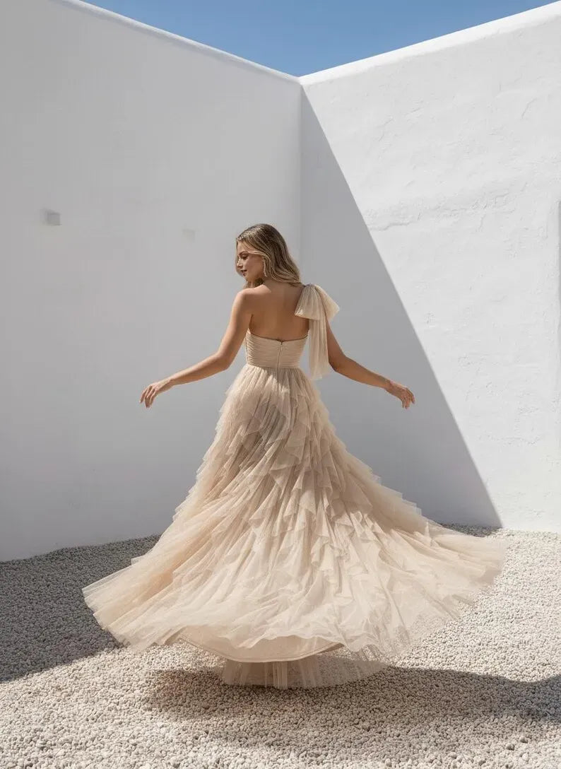 Charming Beige A-Line One-Shoulder Sleeveless Back Zip Ruffled Tulle Slit Floor-Length Prom Dress