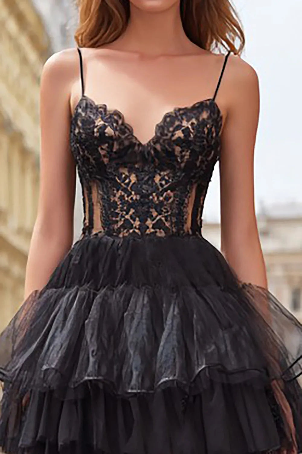 Charming Black A-Line Spaghetti-Straps Sleeveless Back Zip Tiered Ruffled Tulle High Side Slit Prom Dress with Lace