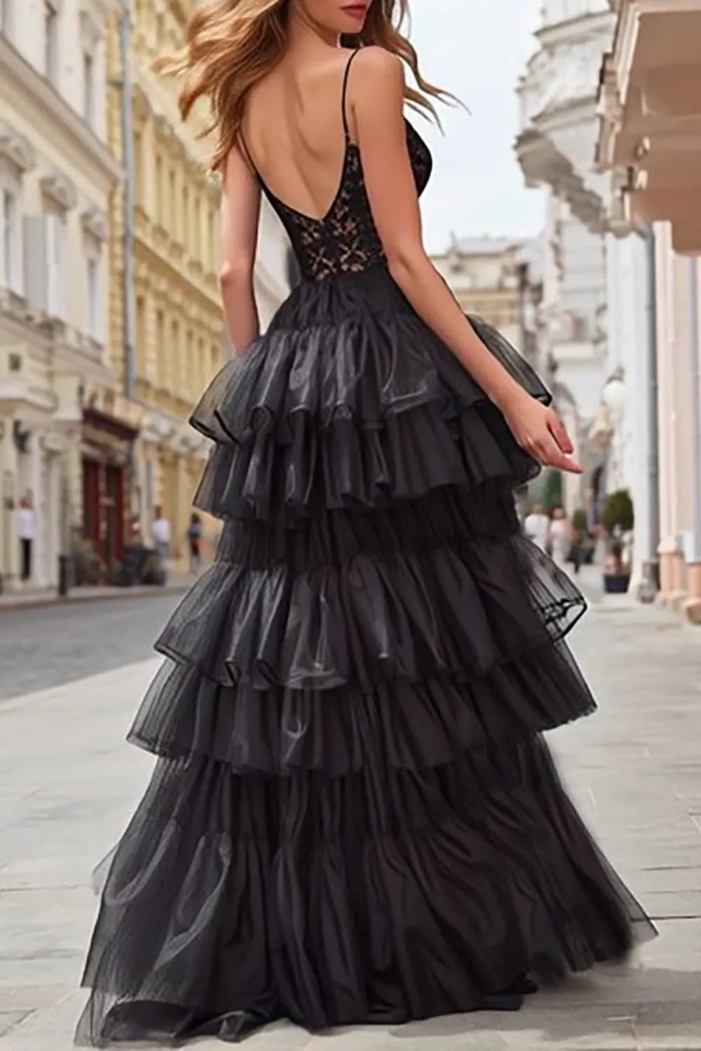 Charming Black A-Line Spaghetti-Straps Sleeveless Back Zip Tiered Ruffled Tulle High Side Slit Prom Dress with Lace