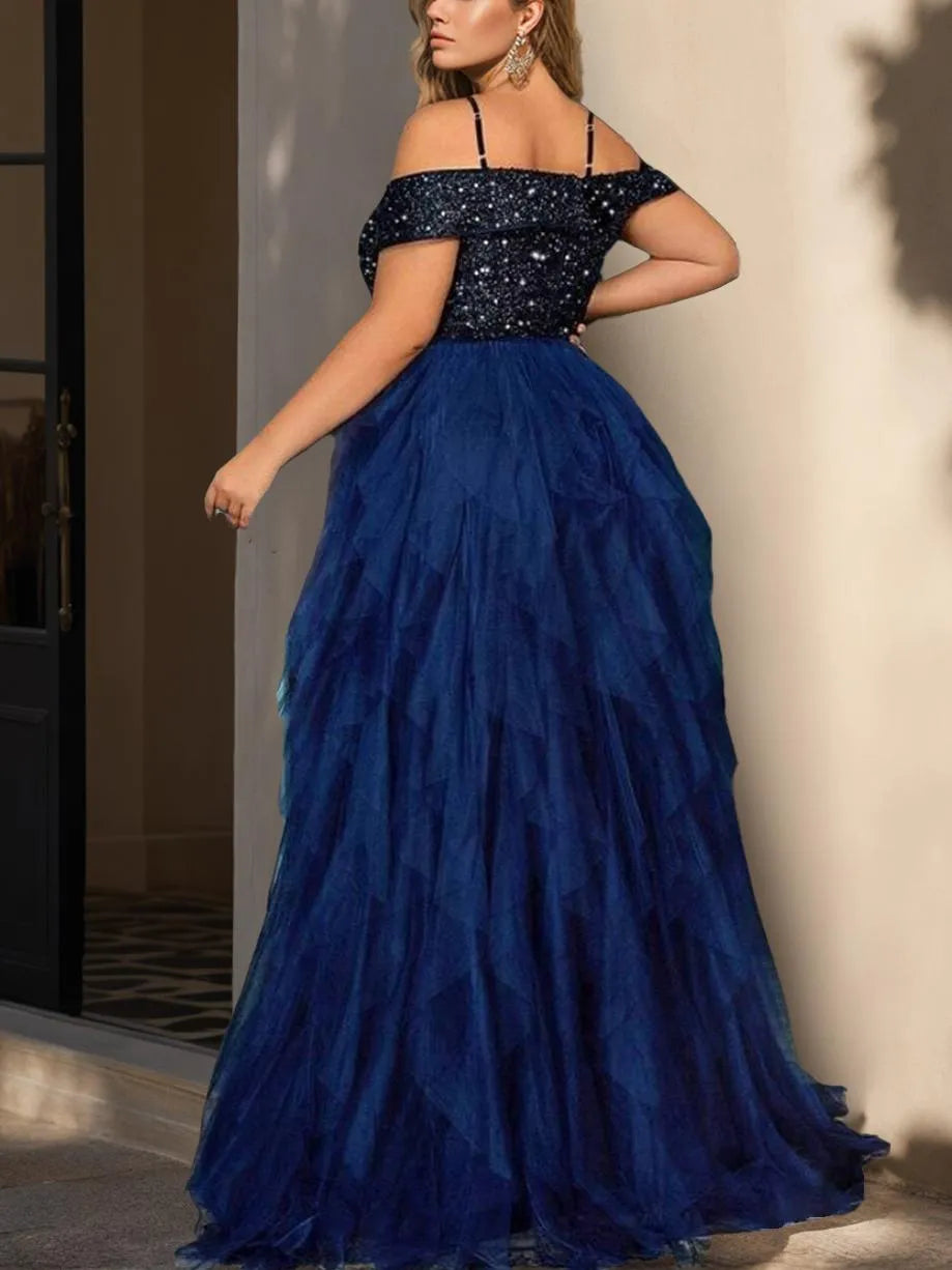 Charming Blue A-Line Off-the-Shoulder Sleeveless Back Zip Sequin Embellished Tiered Tulle Floor-Length Plus Size Prom Dresses