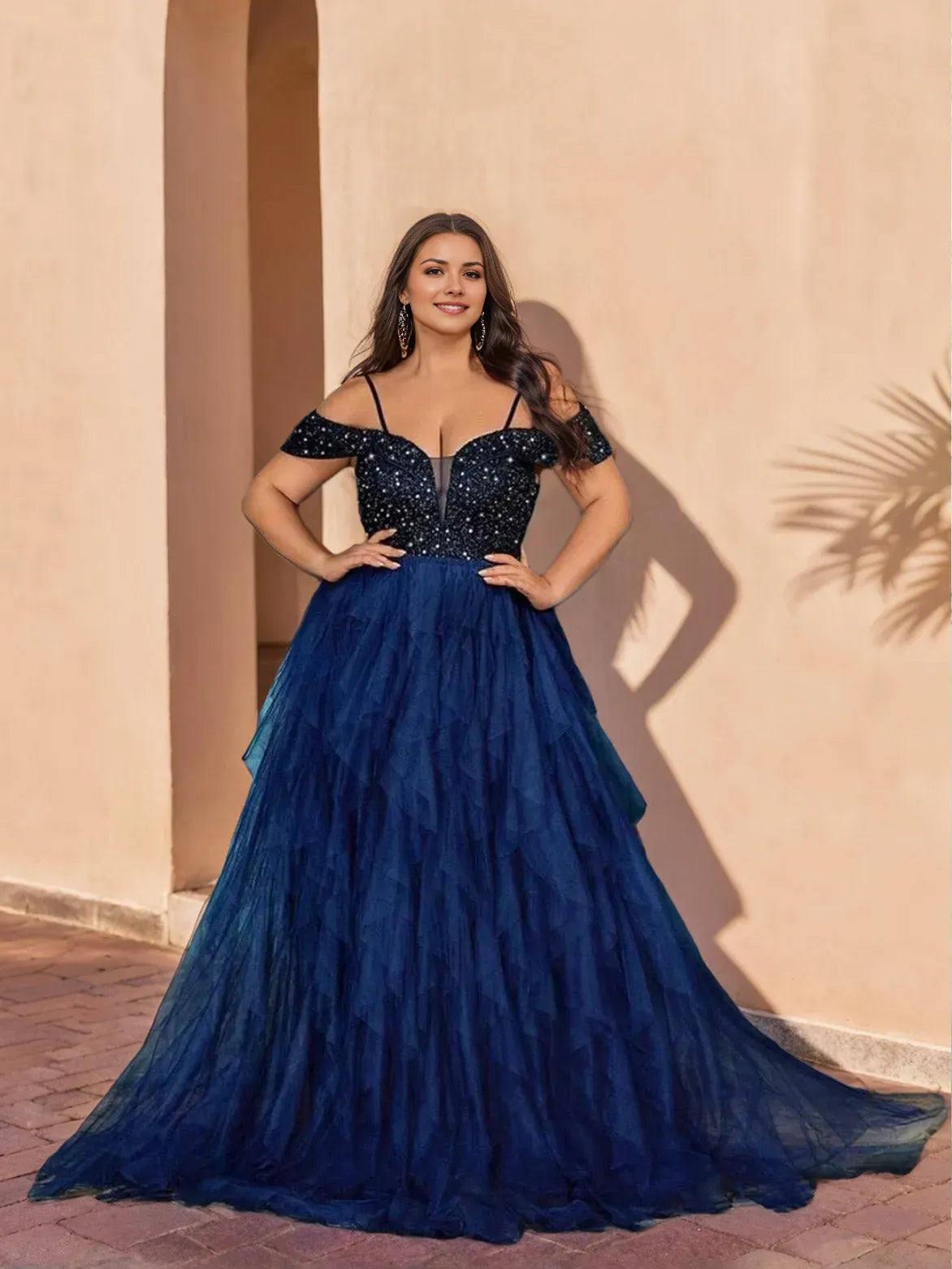 Charming Blue A-Line Off-the-Shoulder Sleeveless Back Zip Sequin Embellished Tiered Tulle Floor-Length Plus Size Prom Dresses