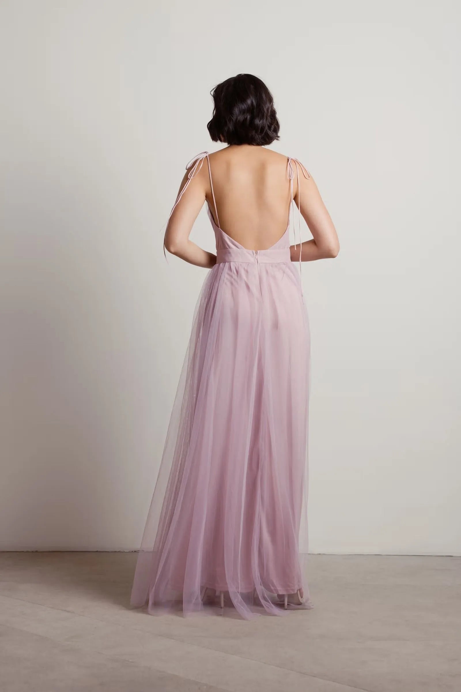Charming Burgundy A-Line Deep V-Neck Sleeveless Tulle Open Back Floor-Length High-Slit Prom Dresses for women for sale