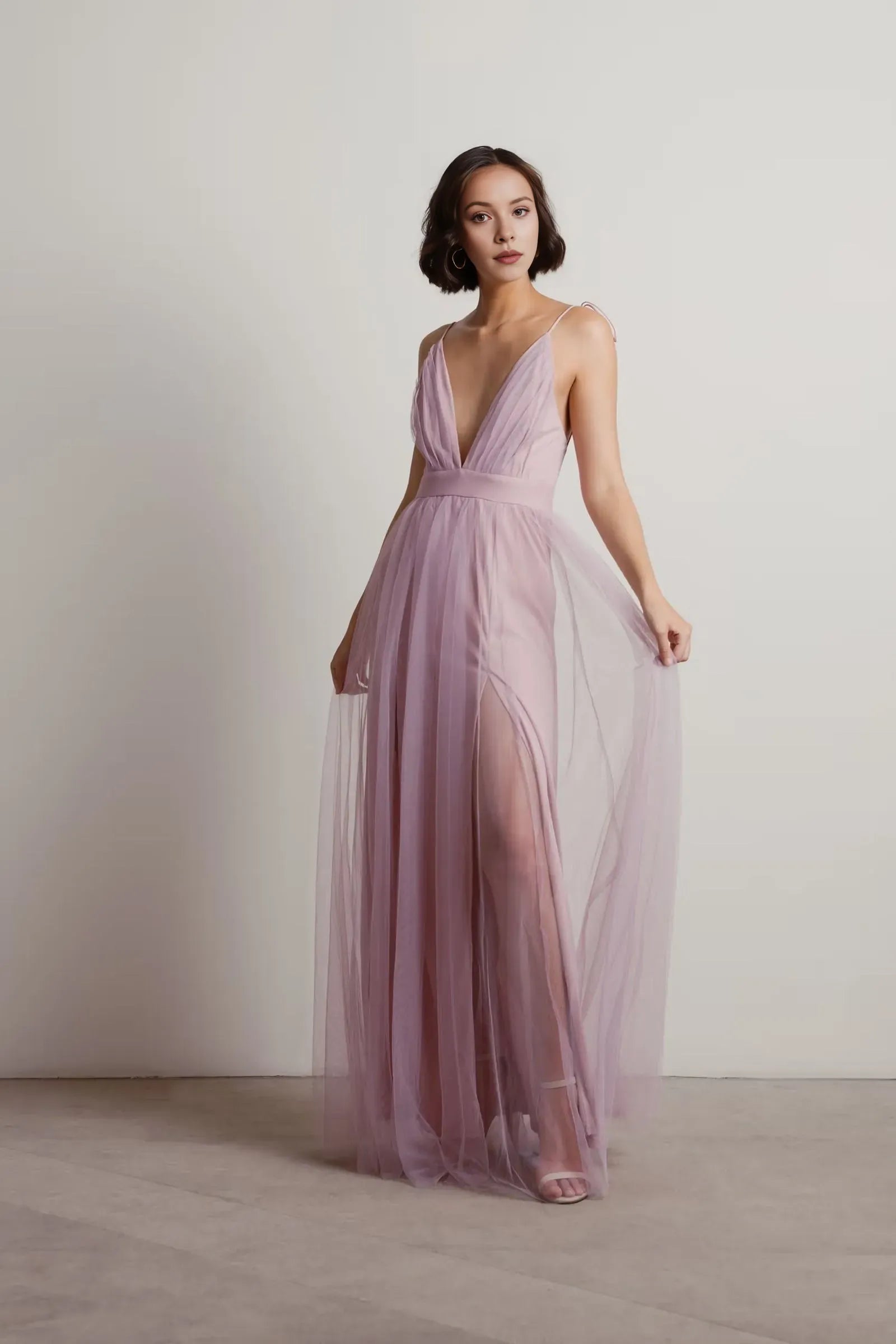 Charming Burgundy A-Line Deep V-Neck Sleeveless Tulle Open Back Floor-Length High-Slit Prom Dresses for women for sale