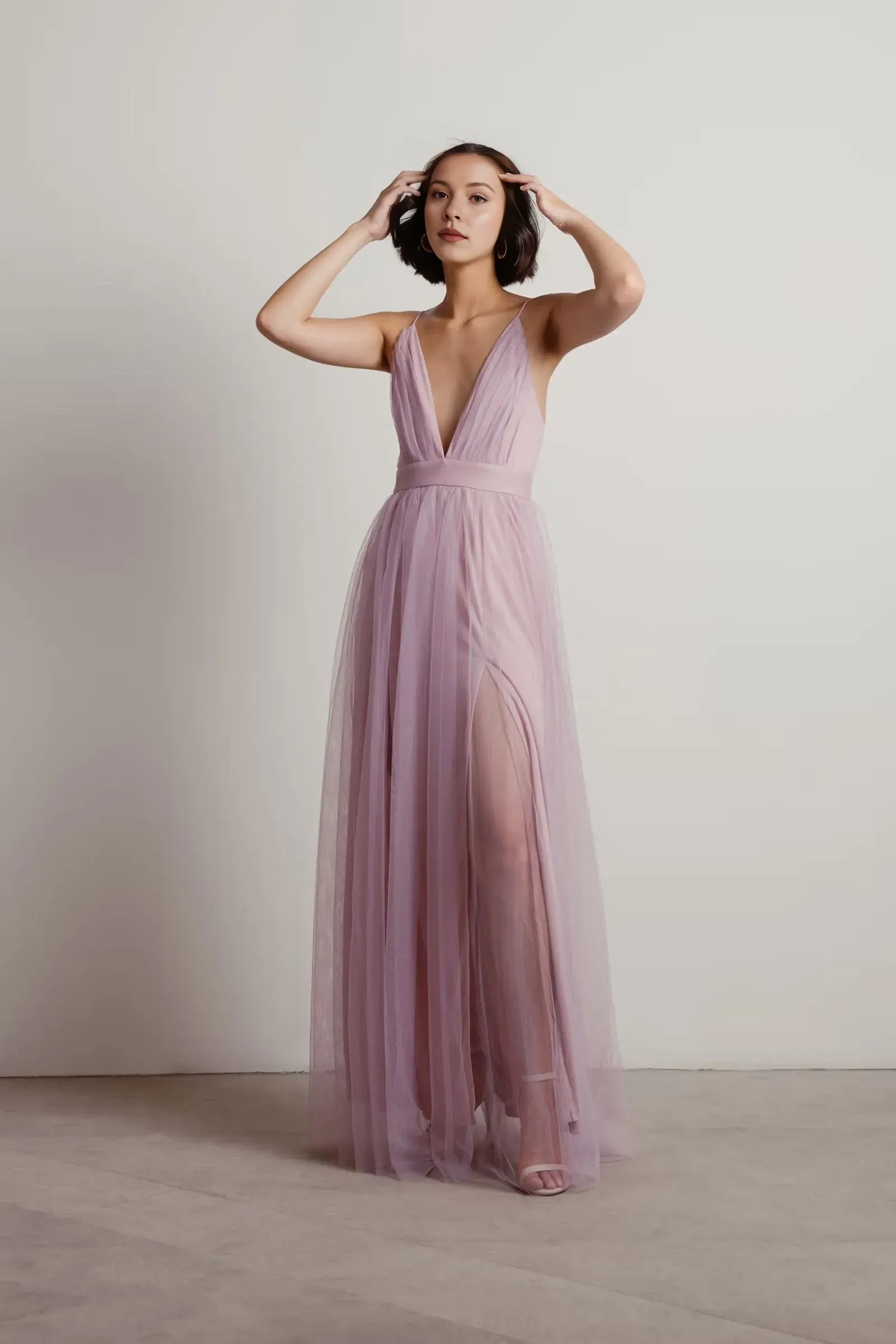 Charming Burgundy A-Line Deep V-Neck Sleeveless Tulle Open Back Floor-Length High-Slit Prom Dresses for women for sale