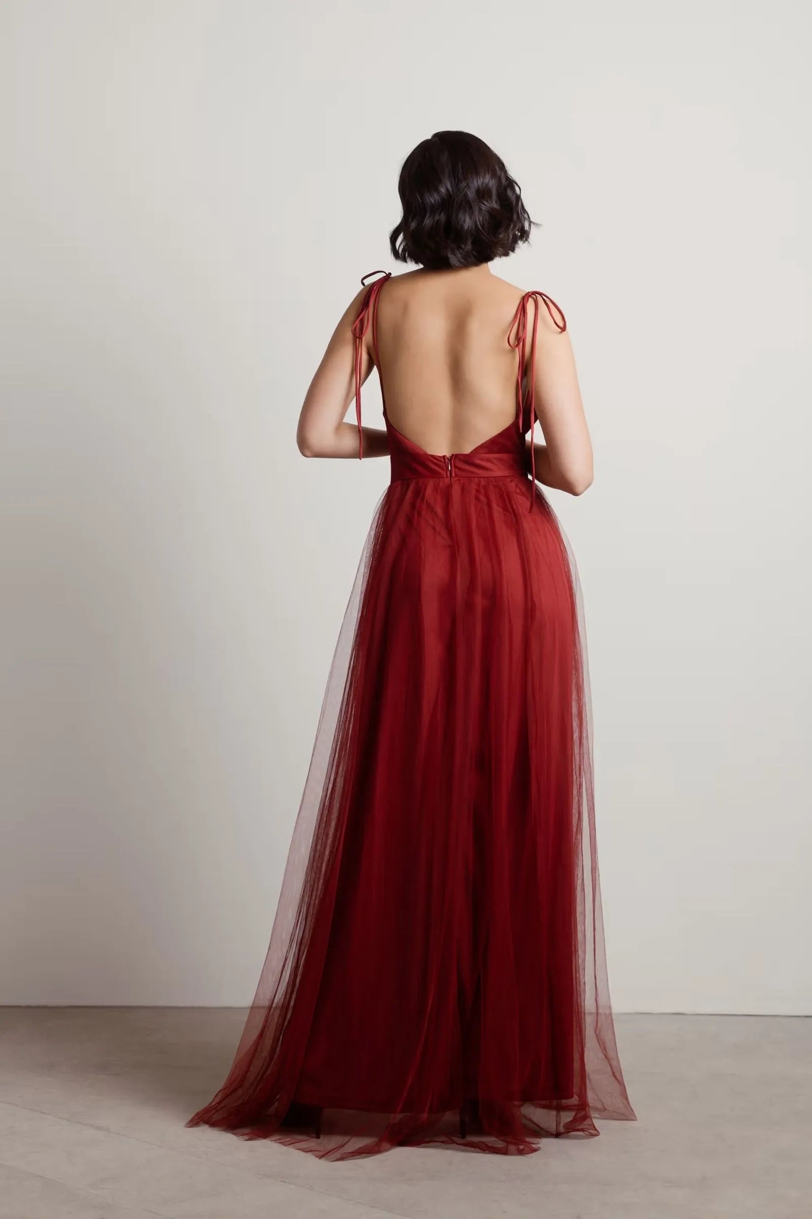 Charming Burgundy A-Line Deep V-Neck Sleeveless Tulle Open Back Floor-Length High-Slit Prom Dresses for women for sale