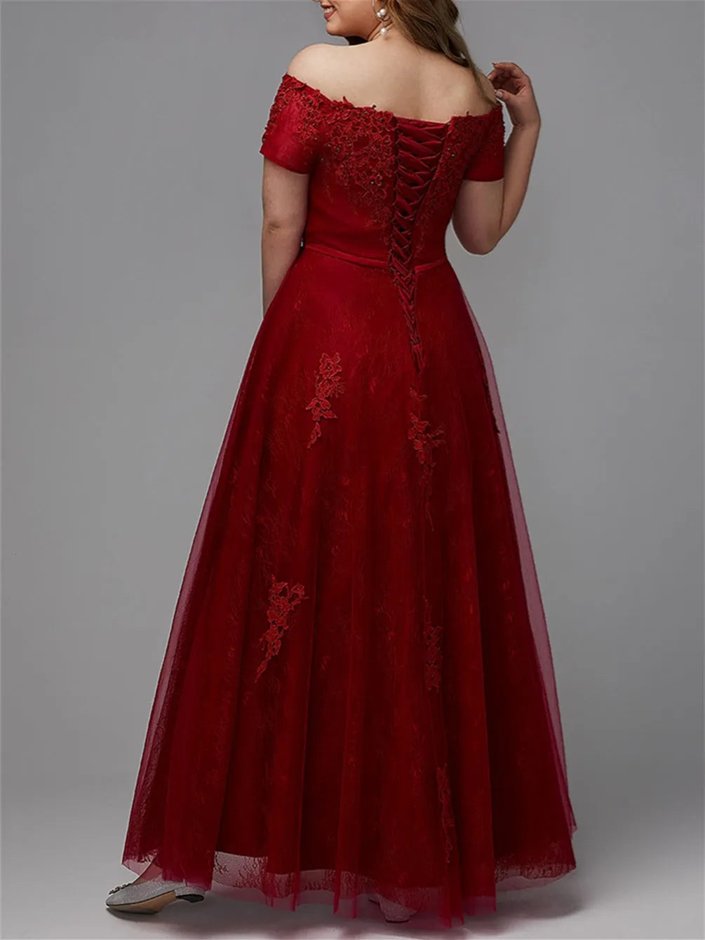 Charming Burgundy A-Line Off-the Shoulder Short Sleeve Lace Applique Corset Back Floor-Length Plus Size Prom Dresses