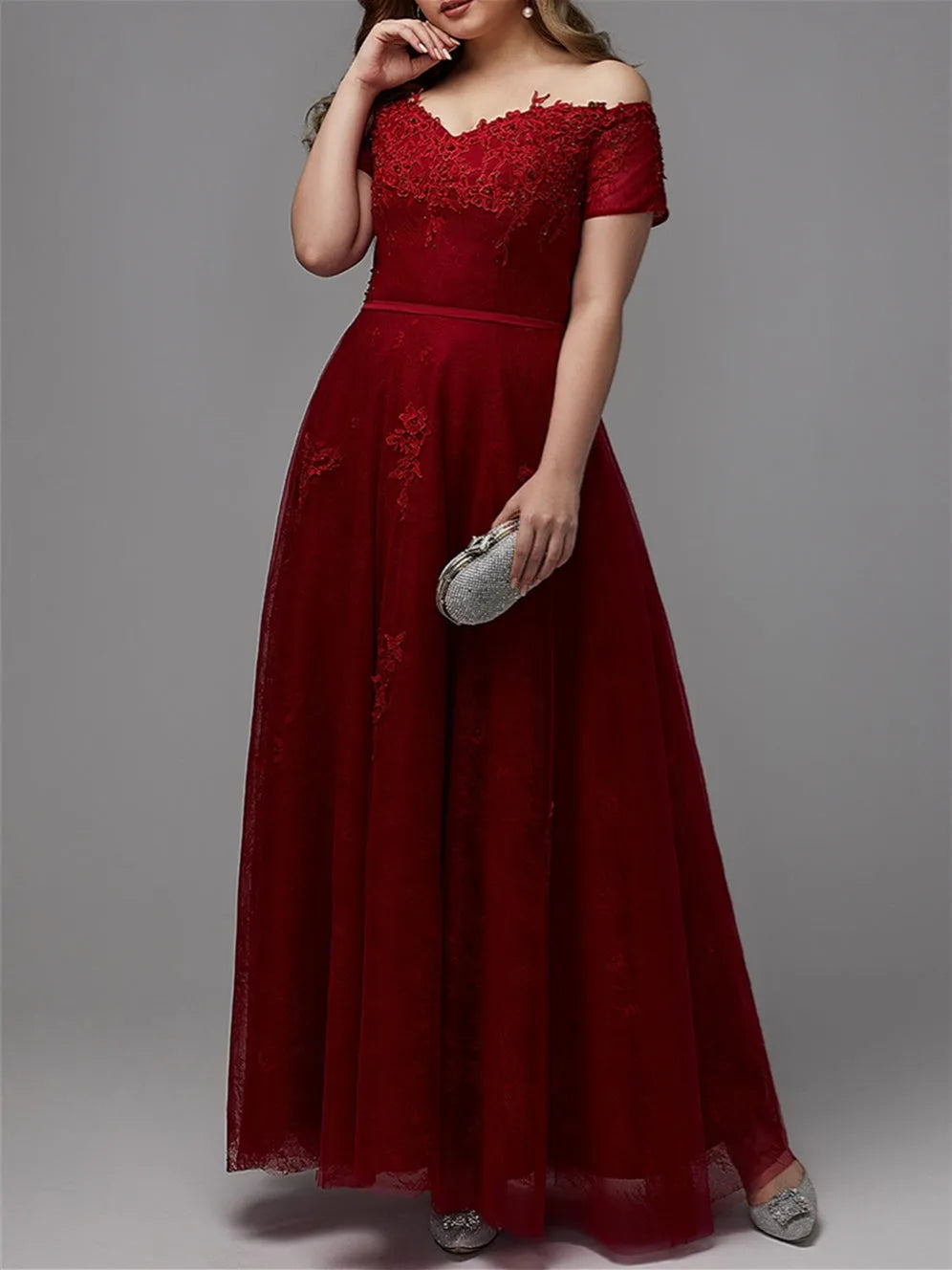 Charming Burgundy A-Line Off-the Shoulder Short Sleeve Lace Applique Corset Back Floor-Length Plus Size Prom Dresses