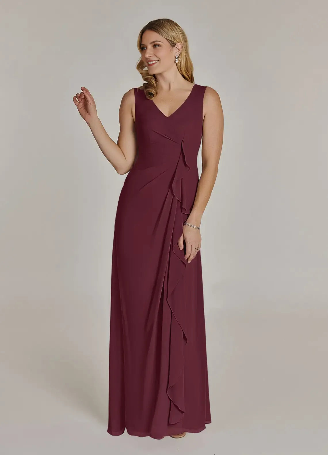 Charming Chiffon A-Line V-Neck Three-Quarter Sleeve Ruffled Back Zip Floor-Length Mother of the Bride Dress Hot Sale