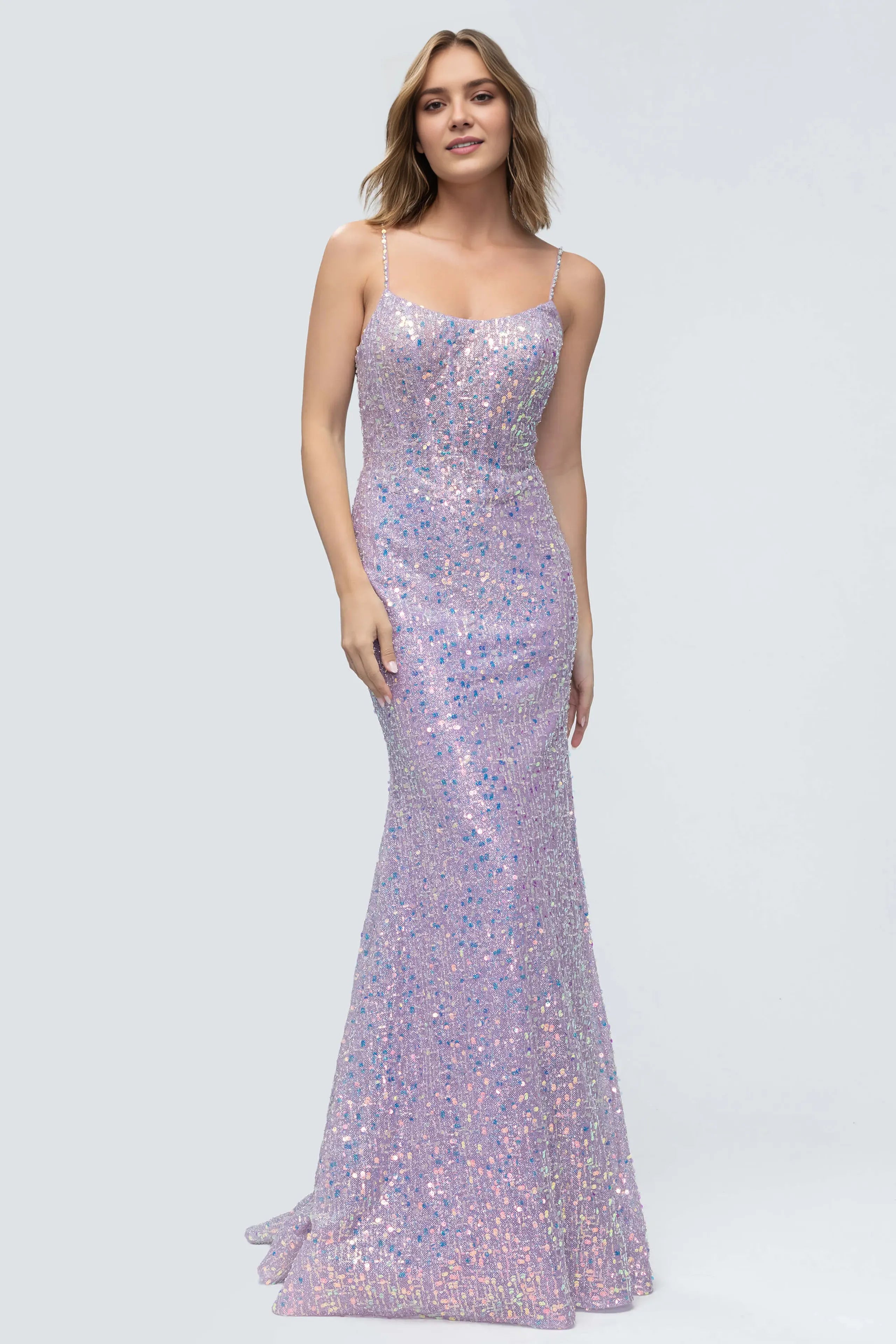 Charming Light Lilac Mermaid Scoop Neck Spaghetti Strap Lace-Up Back Floor-Length Sequin Prom Dresses