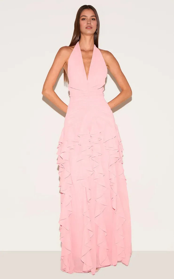 Charming Light Pink A-Line Halter Neck Sleeveless Ruched Backless Floor-Length Chiffon Prom Dresses