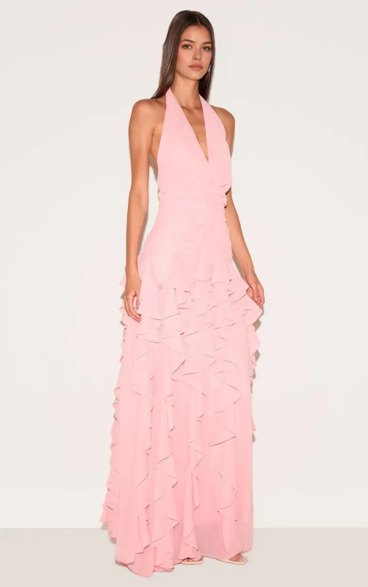 Charming Light Pink A-Line Halter Neck Sleeveless Ruched Backless Floor-Length Chiffon Prom Dresses