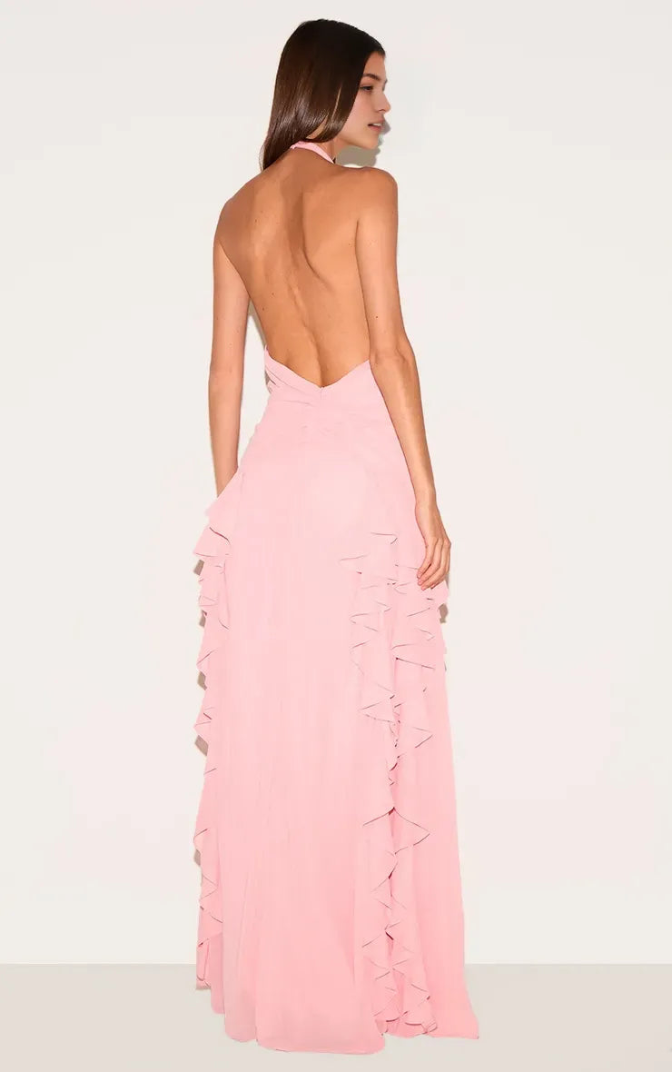 Charming Light Pink A-Line Halter Neck Sleeveless Ruched Backless Floor-Length Chiffon Prom Dresses