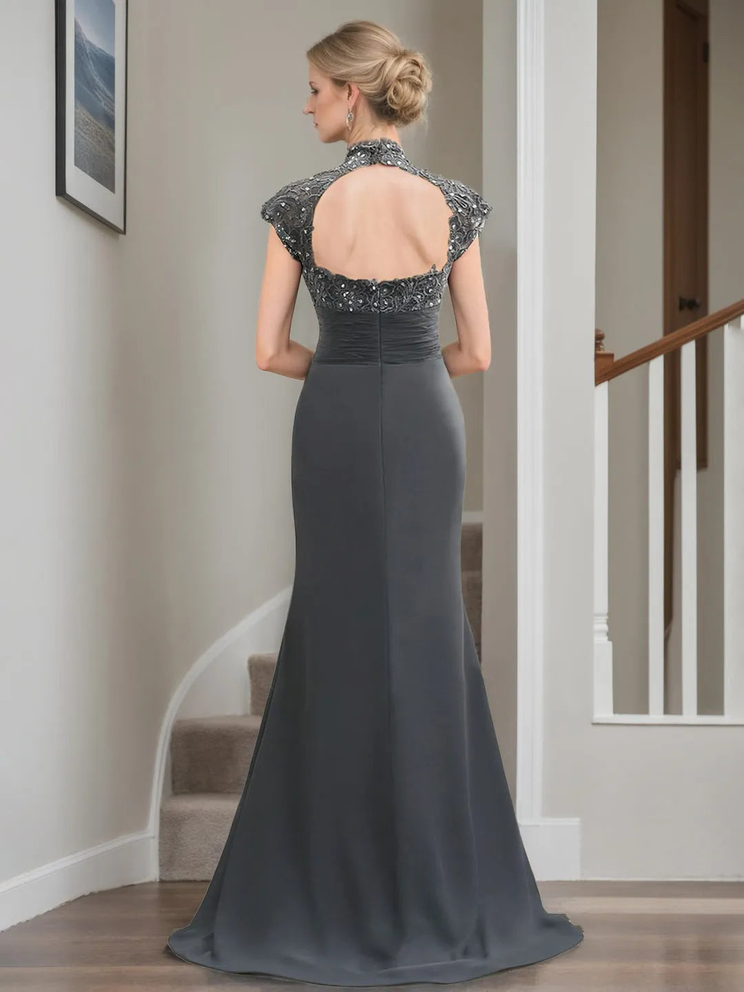 Charming Mermaid High-Neck Cap Sleeves Sequin Cutout-Back Floor-Length Mother of the Bride Dresses with Ruffles Rhinestones