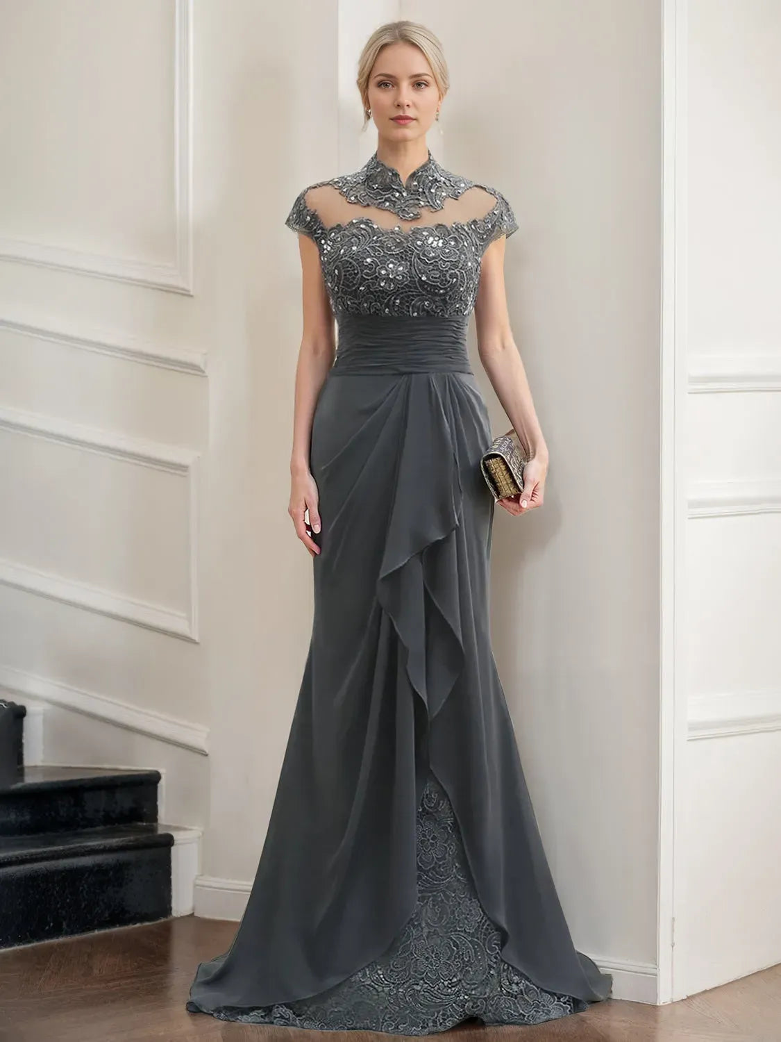 Charming Mermaid High-Neck Cap Sleeves Sequin Cutout-Back Floor-Length Mother of the Bride Dresses with Ruffles Rhinestones