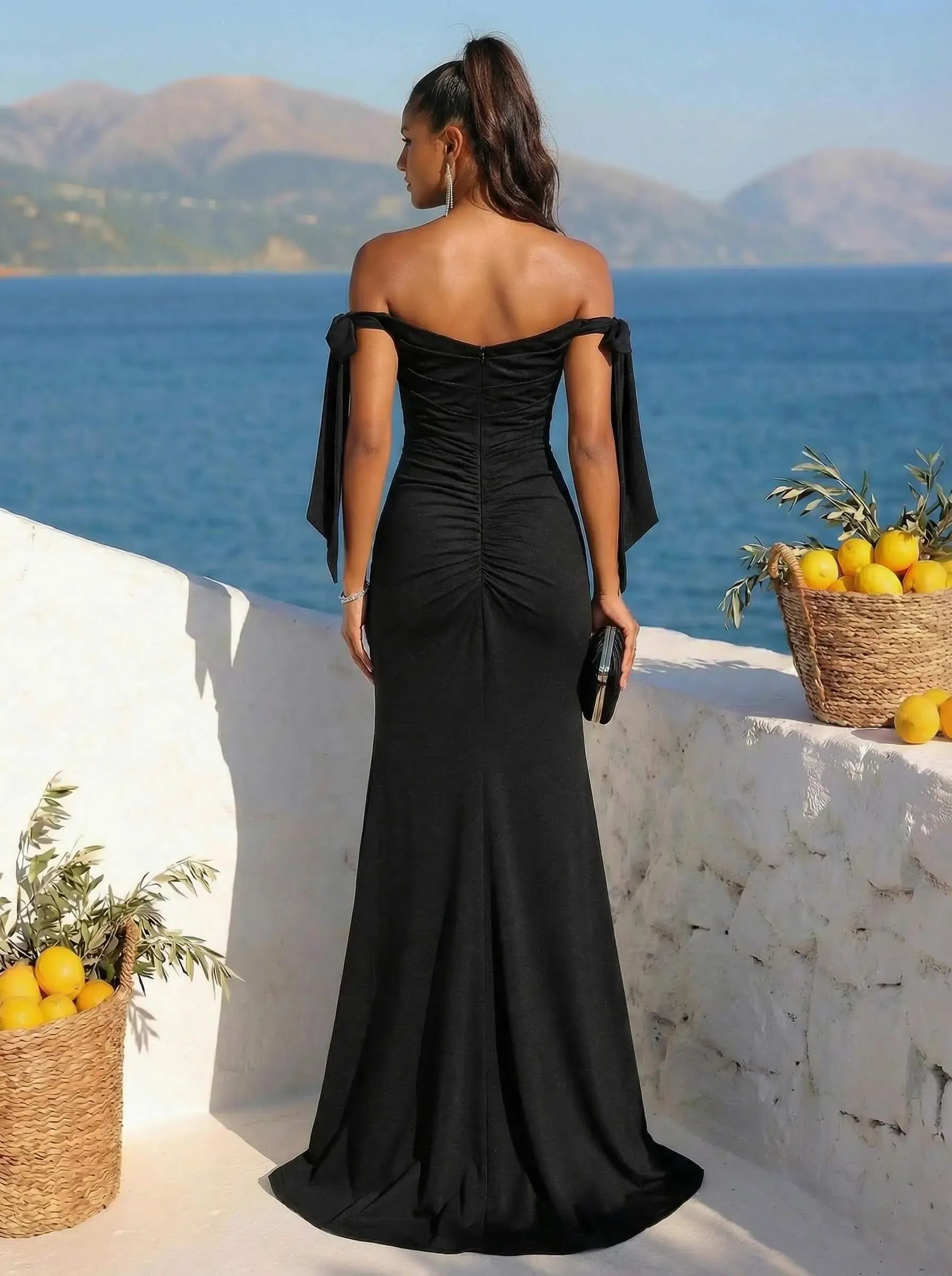 Charming Mermaid Off-Shoulder Bow Straps Black Long Prom Dress With Slit