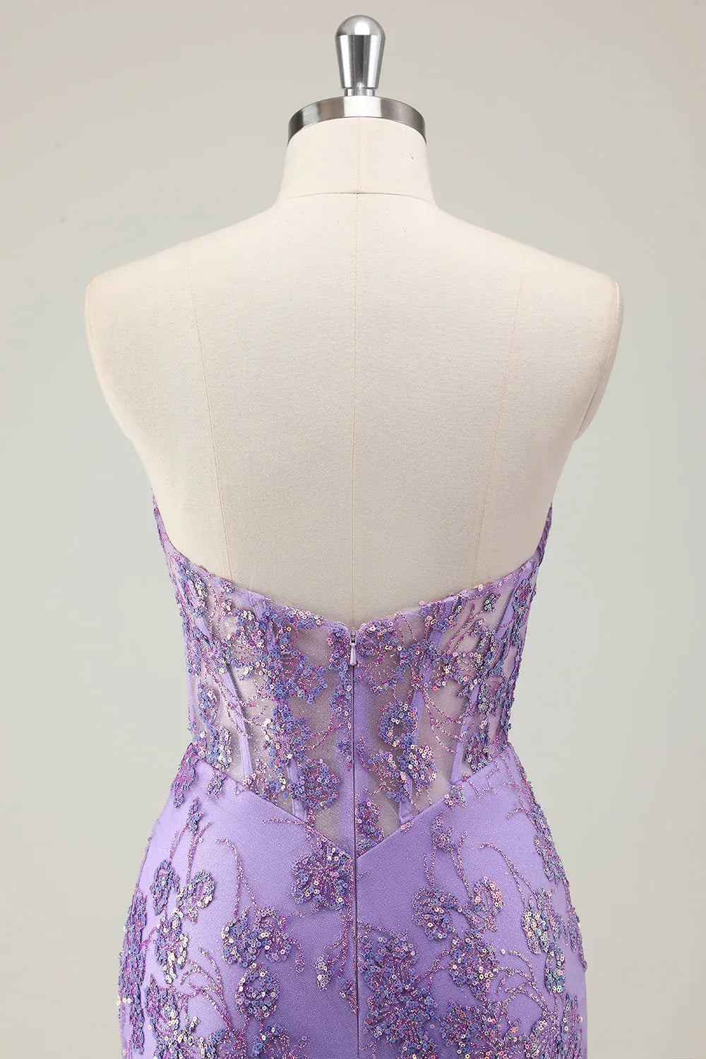 Charming Mermaid Strapless Corset Sequins Appliques Lavender Maxi Prom Dress