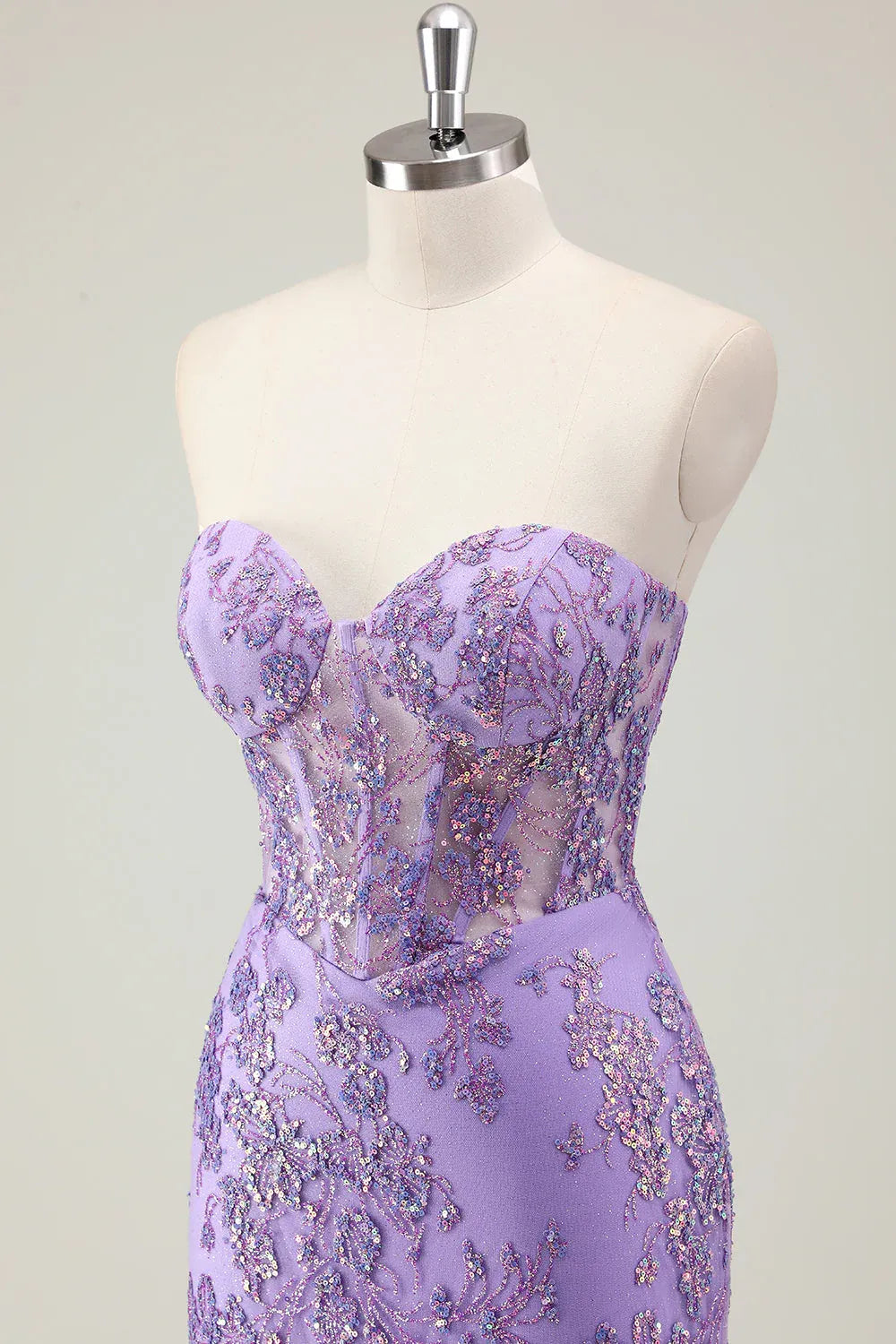 Charming Mermaid Strapless Corset Sequins Appliques Lavender Maxi Prom Dress