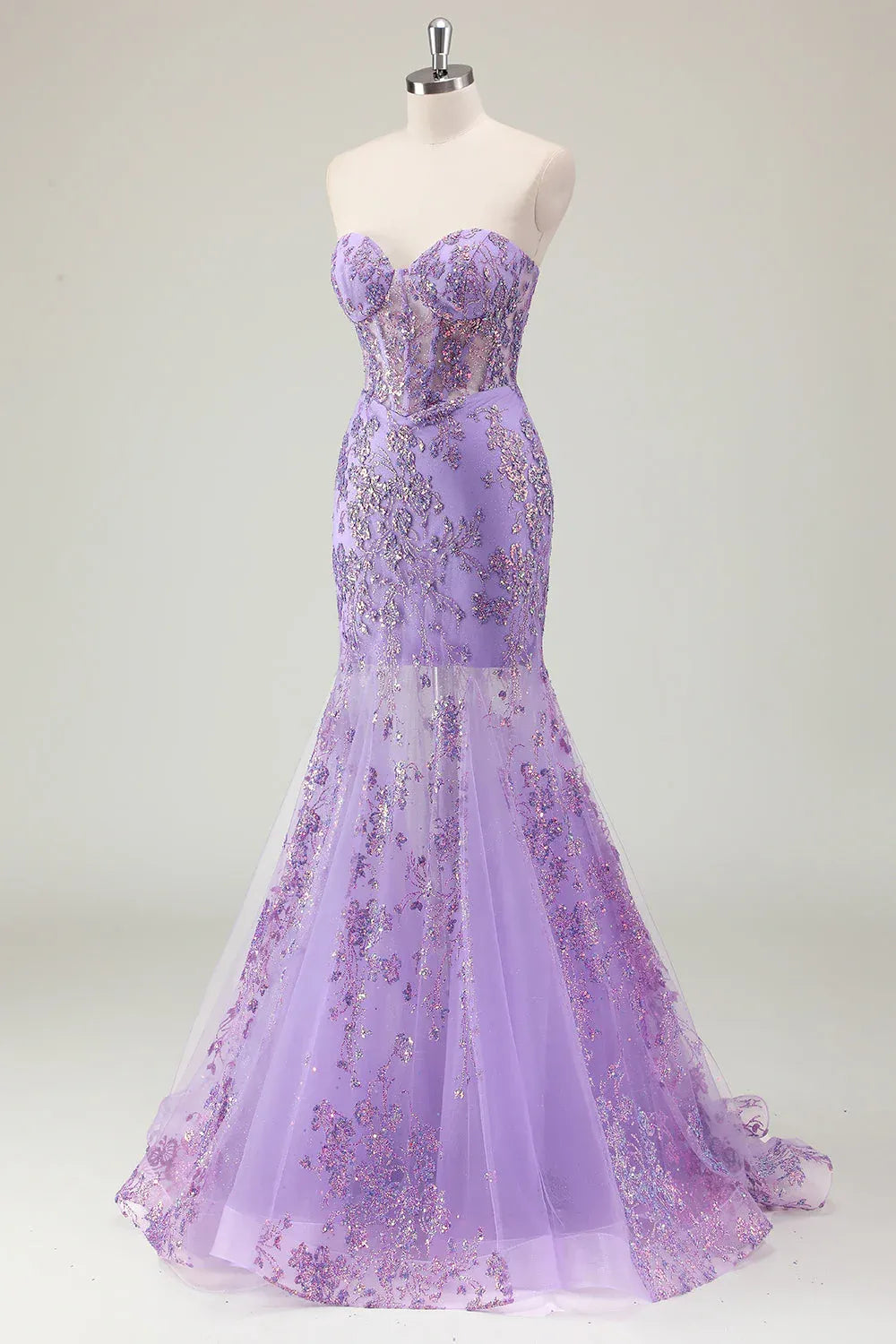 Charming Mermaid Strapless Corset Sequins Appliques Lavender Maxi Prom Dress
