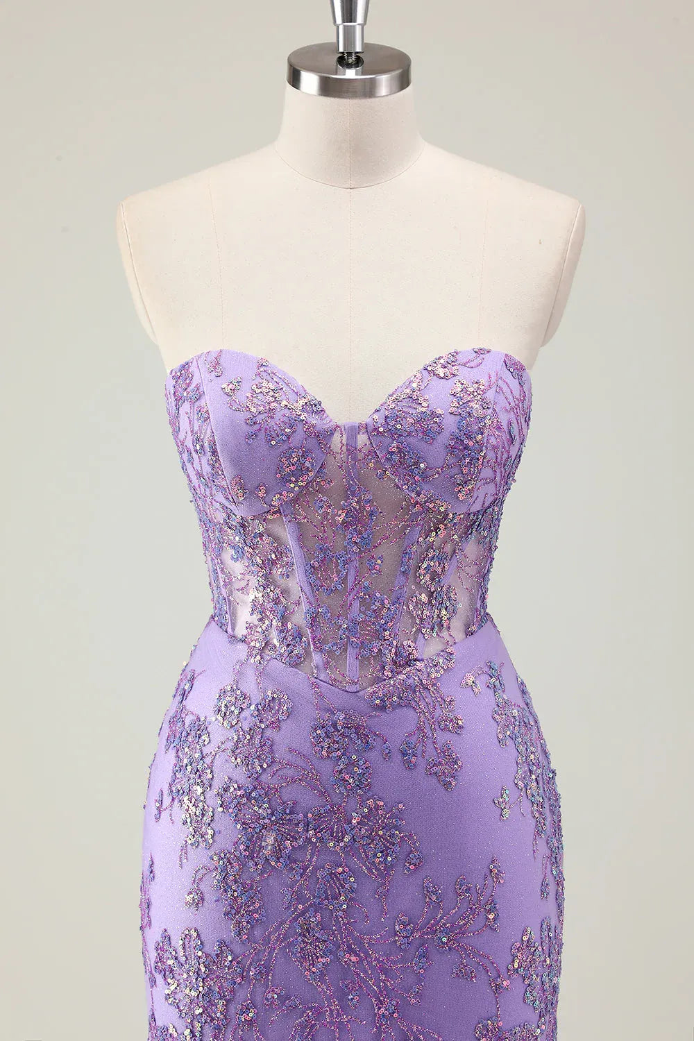 Charming Mermaid Strapless Corset Sequins Appliques Lavender Maxi Prom Dress
