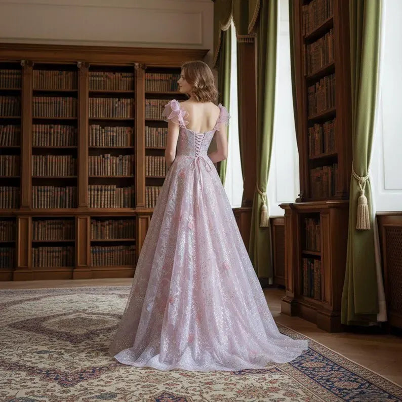 Charming Pink A-Line Sweetheart Neck Sleeveless Lace Up 3D Floral Glitter Appliques Tulle Floor-Length Prom Dress