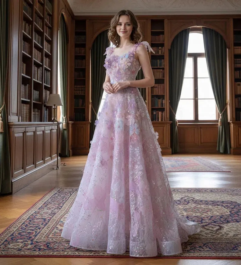 Charming Pink A-Line Sweetheart Neck Sleeveless Lace Up 3D Floral Glitter Appliques Tulle Floor-Length Prom Dress