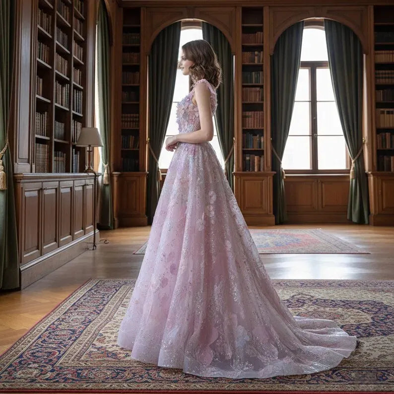 Charming Pink A-Line Sweetheart Neck Sleeveless Lace Up 3D Floral Glitter Appliques Tulle Floor-Length Prom Dress
