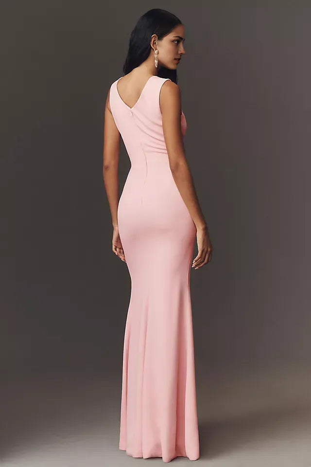 Charming Pink Mermaid V-Neck Sleeveless Back Zip Floor-Length Satin Prom Dress with Slit