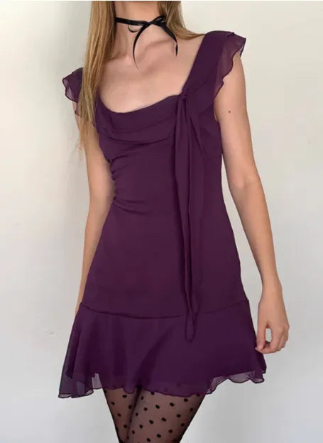 Charming Purple Square Neck Ruffle Irregular Chiffon Birthday Party Dress