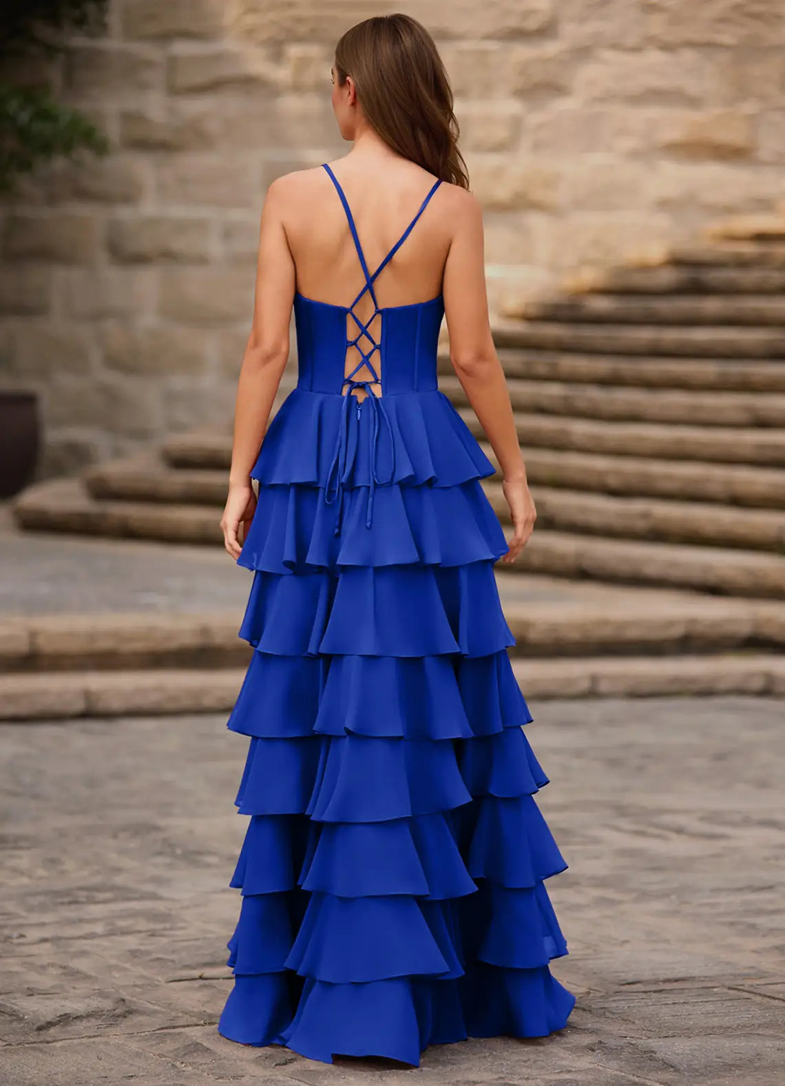 Charming Red A-Line Spaghetti Strap Sleeveless Lace-Up Back Tiered Ruffle Floor-Length Prom Dress with Slit