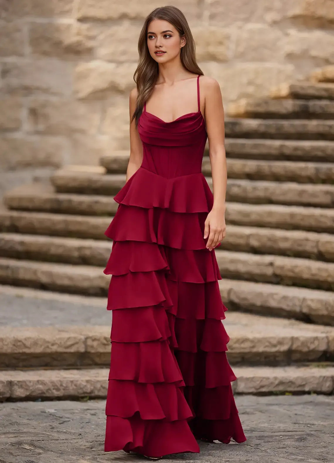 Charming Red A-Line Spaghetti Strap Sleeveless Lace-Up Back Tiered Ruffle Floor-Length Prom Dress with Slit