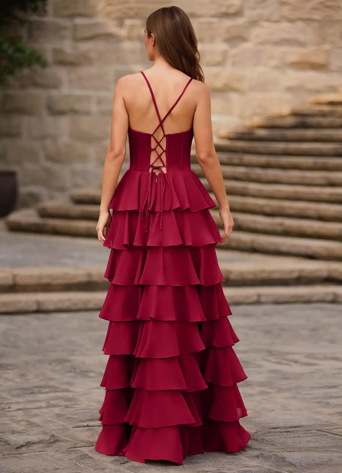 Charming Red A-Line Spaghetti Strap Sleeveless Lace-Up Back Tiered Ruffle Floor-Length Prom Dress with Slit