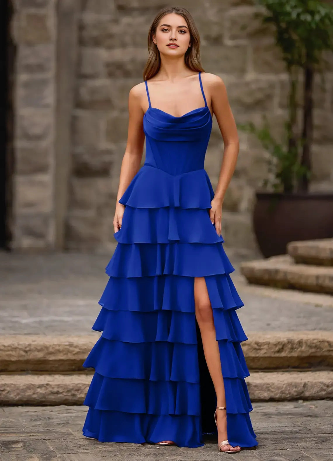 Charming Red A-Line Spaghetti Strap Sleeveless Lace-Up Back Tiered Ruffle Floor-Length Prom Dress with Slit