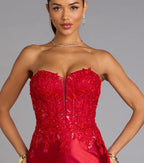 Charming  Red Strapless Lace Corset Applique Satin Mermaid Formal Prom Dress hot sale