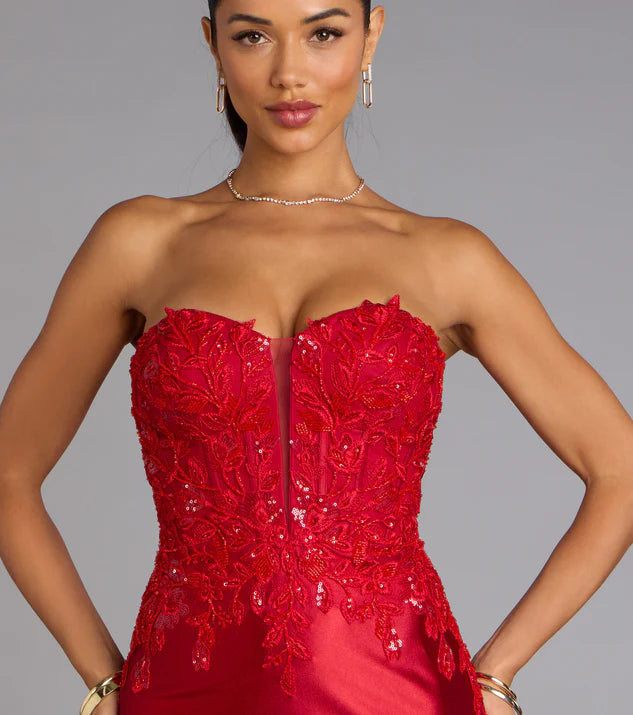 Charming  Red Strapless Lace Corset Applique Satin Mermaid Formal Prom Dress hot sale