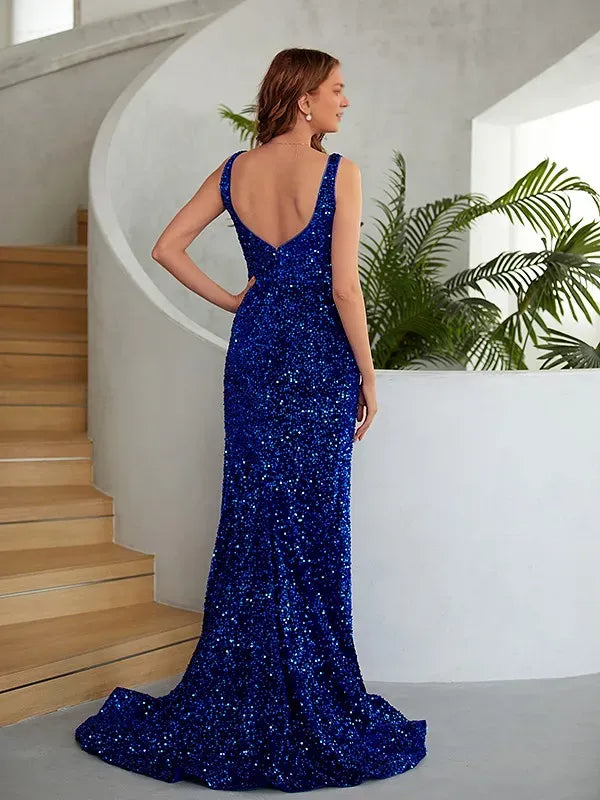 Charming Royal Blue Mermaid Deep V-Neck Sleeveless Back Zip Floor-Length Sequins Prom Dresses with Slit