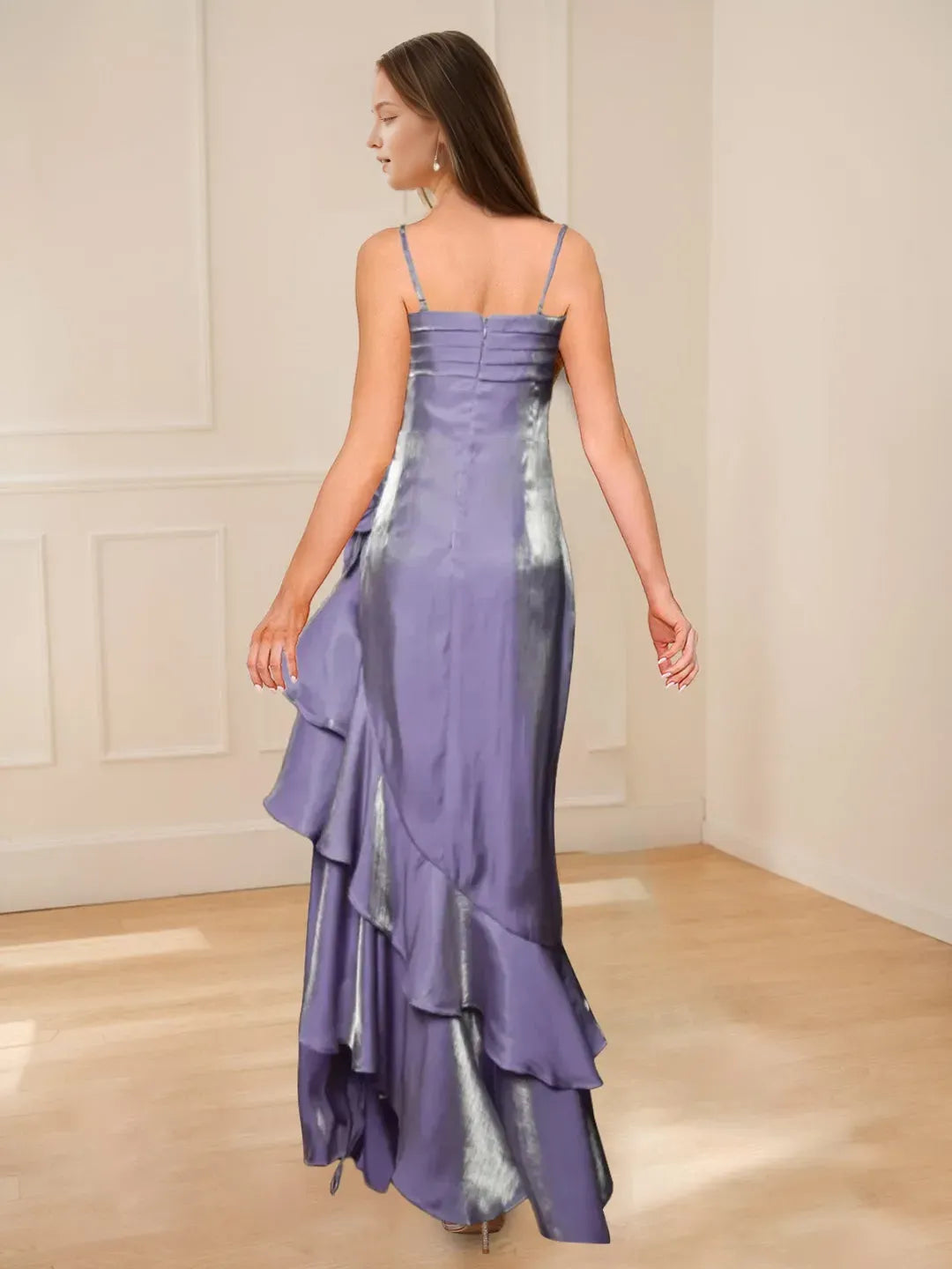 Charming Sheath Light Purple Square Neck Spaghetti Strap Back Zip Floor - Length Prom Dresses with Ruffles 3D Flower