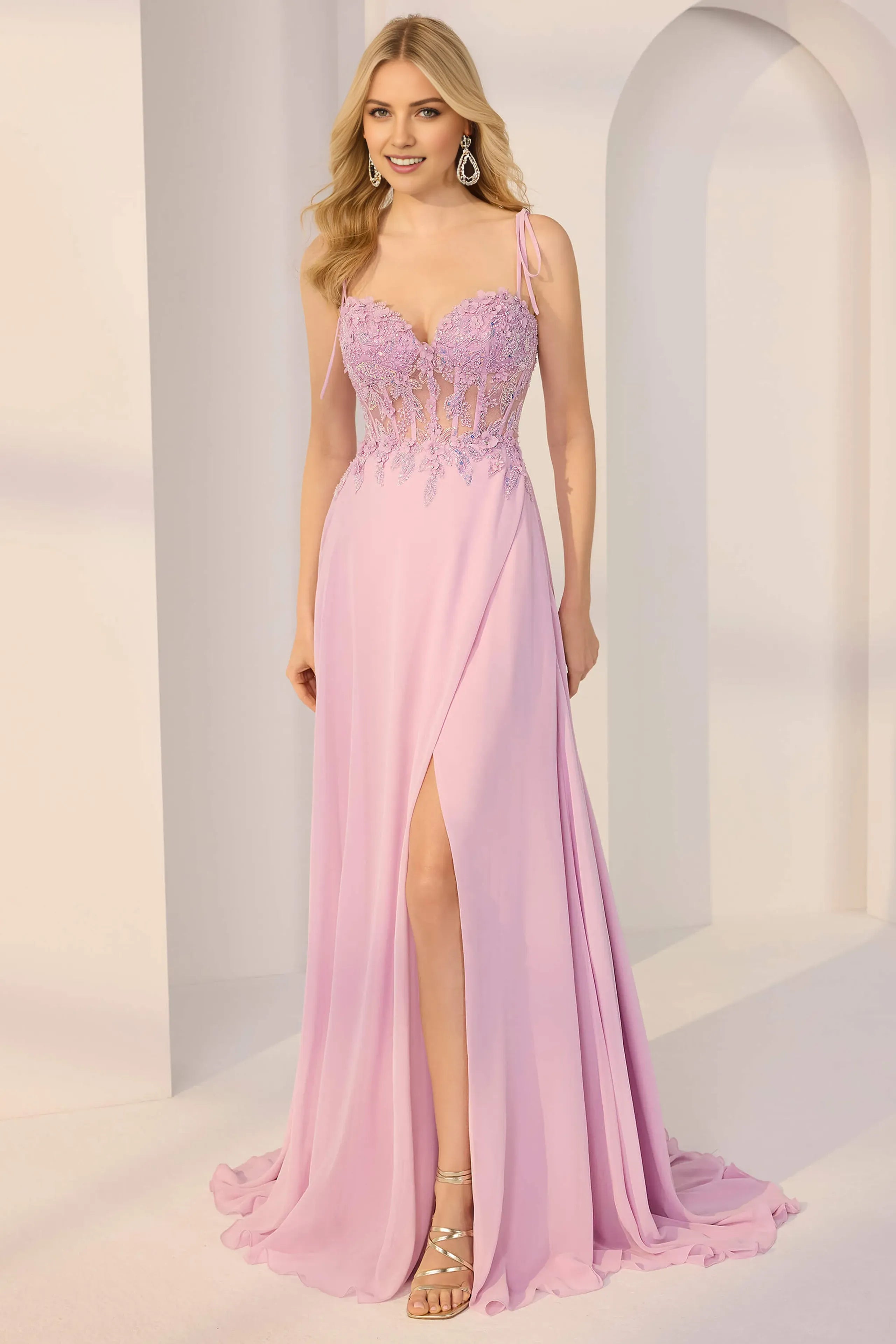 Charming Sheath Sweetheart Neckline Spaghetti Strap Back Zip Floor-Length Beaded Lace Chiffon Prom Dresses with High Slit
