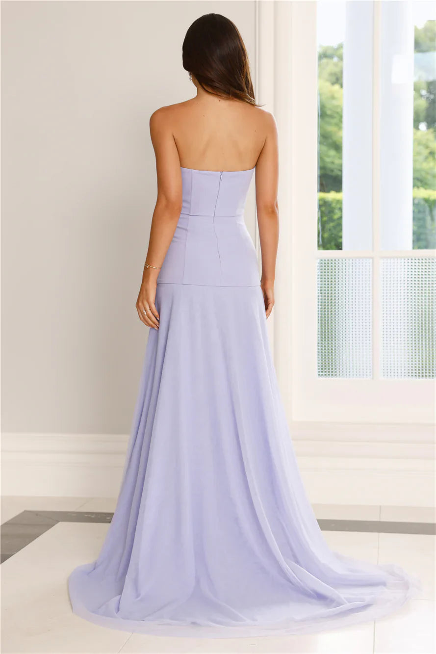 Charming Strapless Layered Slit Mesh Lilac Maxi Prom Dress With Short Train