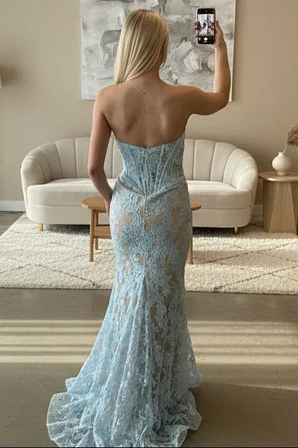 Charming Mermaid Strapless Corset Lace Light Blue Prom Dress With Train