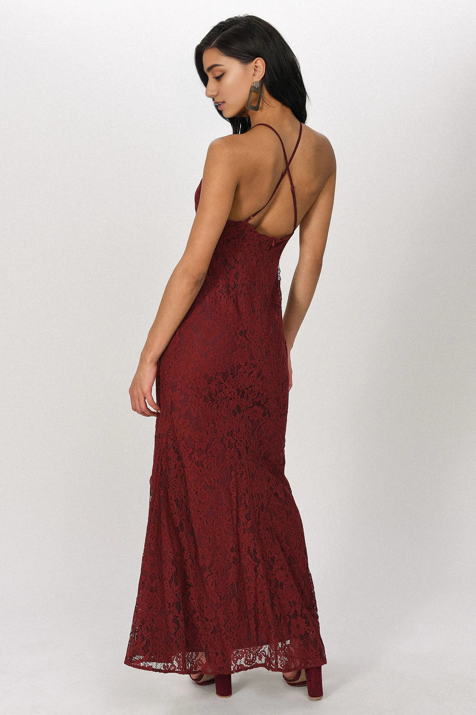Charming Wine Mermaid Halter Neck Sleeveless Lace Crisscross Back Ankle-Length Prom Dresses
