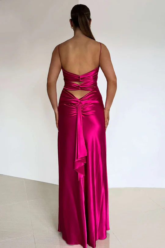 Charming Yellow A Line V Neck Spaghetti Straps Cut-Out Back Floor-Length Prom Dresses with Split Front
