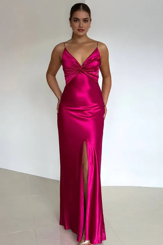 Charming Yellow A Line V Neck Spaghetti Straps Cut-Out Back Floor-Length Prom Dresses with Split Front