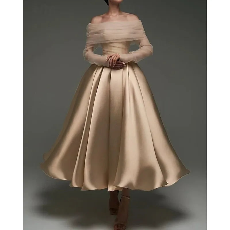Charming Ball-Gown Off-Shoulder Long Sleeve Tulle Trim Dusty Pink Tea-Length Prom Dress For Women Ready To Ship