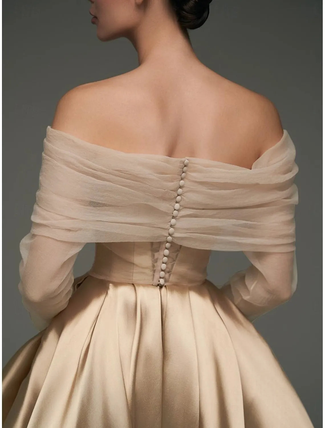 Charming Ball-Gown Off-Shoulder Long Sleeve Tulle Trim Dusty Pink Tea-Length Prom Dress For Women Ready To Ship