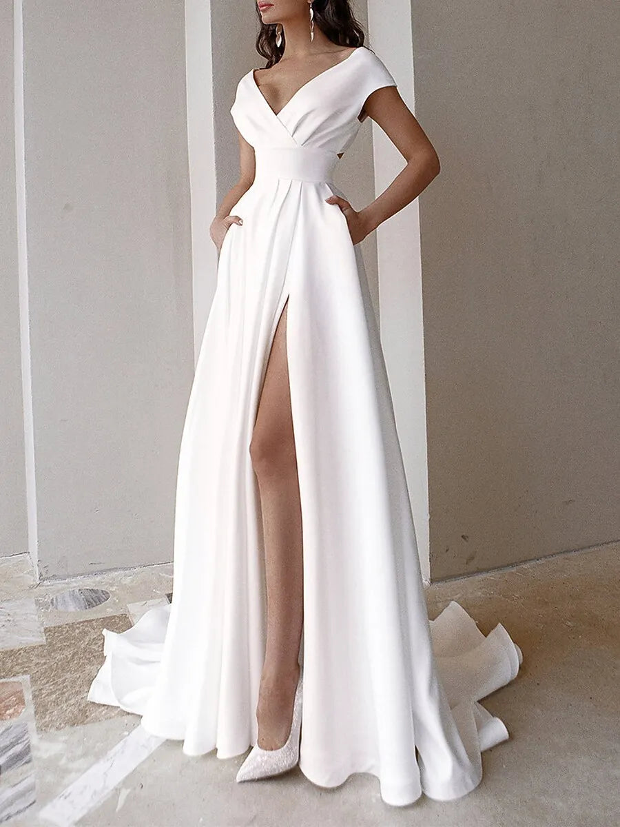 Chic A-Line V-Neck Cap Sleeve Cutout Slit White Train Prom Dress With Pocket For Lady