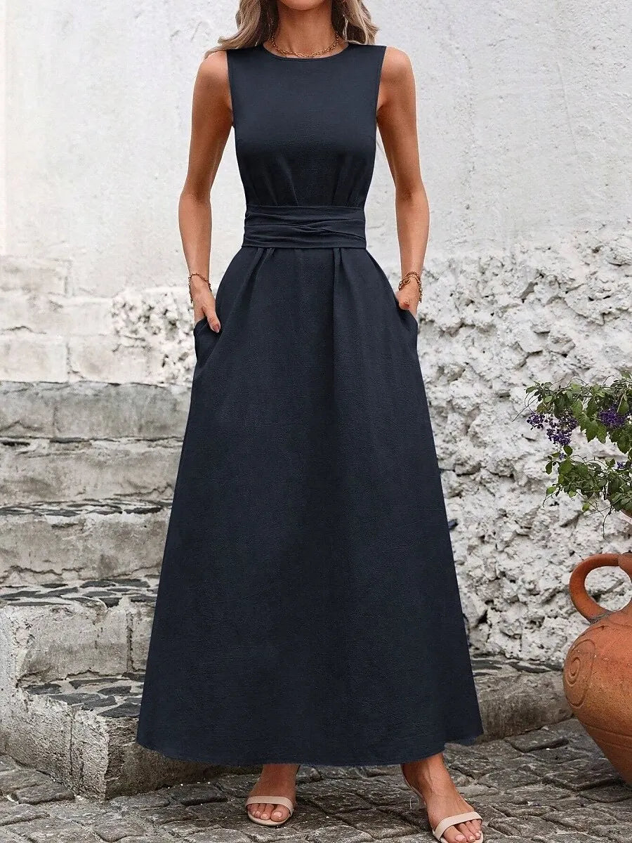 Chic A-Line Crew Neck Sleeveless Belted Emerald Green Maxi Prom Dress With Pocket Ready to Ship