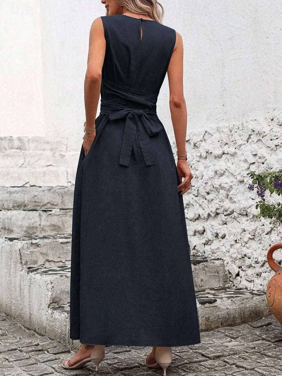 Chic A-Line Crew Neck Sleeveless Belted Emerald Green Maxi Prom Dress With Pocket Ready to Ship