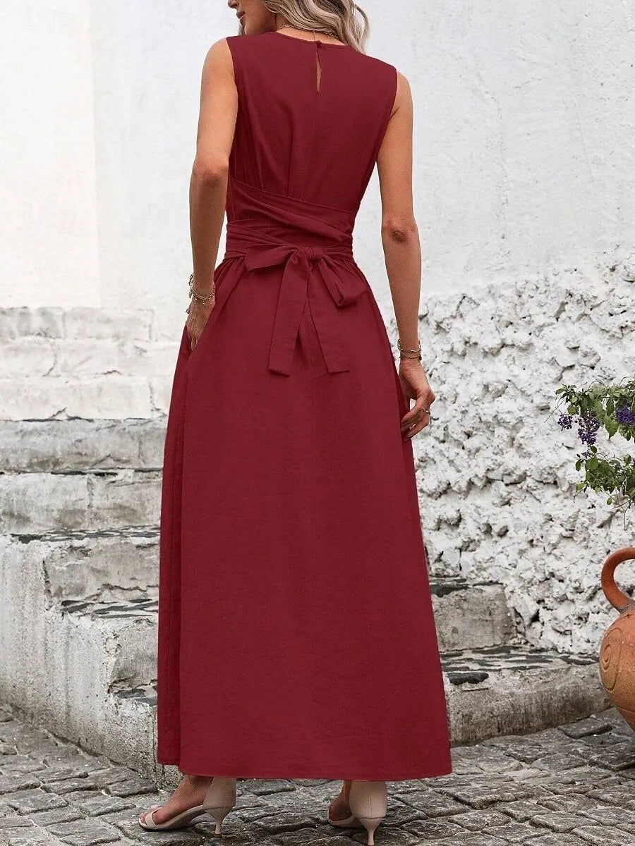 Chic A-Line Crew Neck Sleeveless Belted Emerald Green Maxi Prom Dress With Pocket Ready to Ship