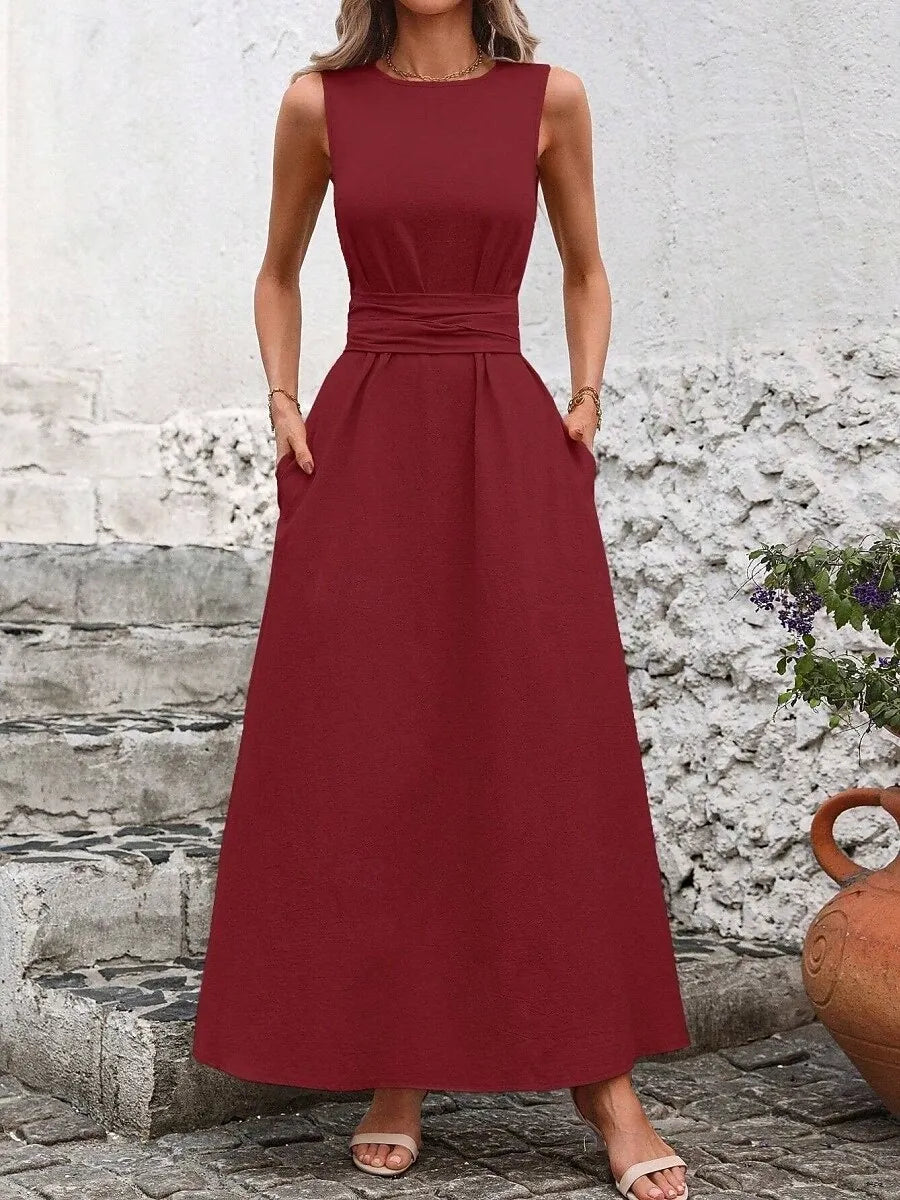 Chic A-Line Crew Neck Sleeveless Belted Emerald Green Maxi Prom Dress With Pocket Ready to Ship